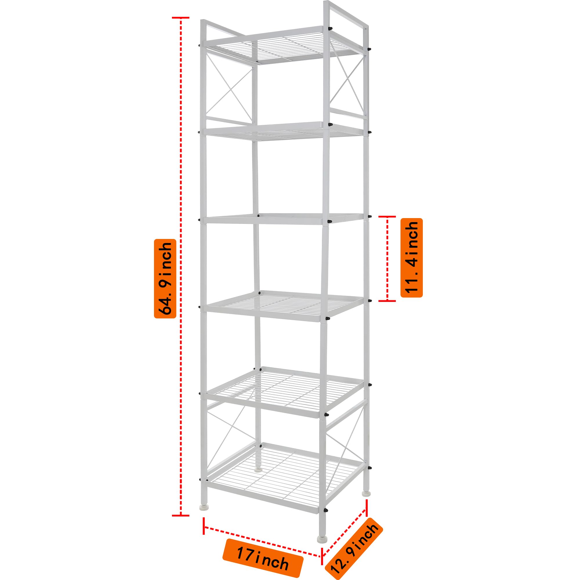 YOHKOH 6-Tier Heavy Duty Metal Storage Shelf - Space Saving Organizer for Laundry Room, Bathroom, Kitchen Pantry & Closet - White (17