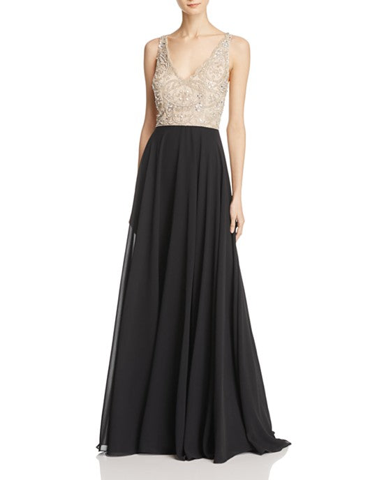 BHLDN Aidan Mattox Regina Gown - Elegant Champagne & Black Evening Dress for Weddings & Formal Events
