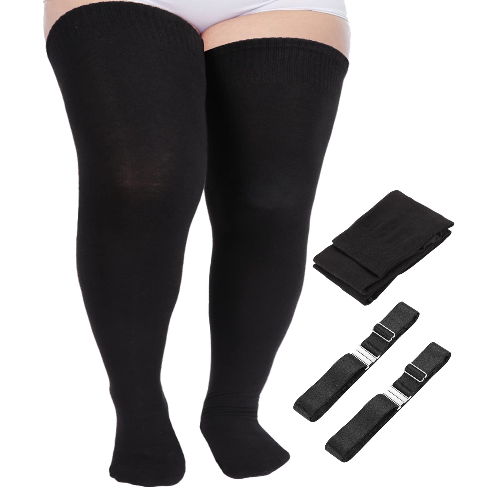 Tarpop Women's Plus Size Thigh High Socks - Black Over The Knee Stockings for Thick Thighs | Extra Long Leg Warmers, Chunky Knit Stockings with Adjustable Garter Belt | Perfect for Winter, Cosplay & Fashion Outfits
