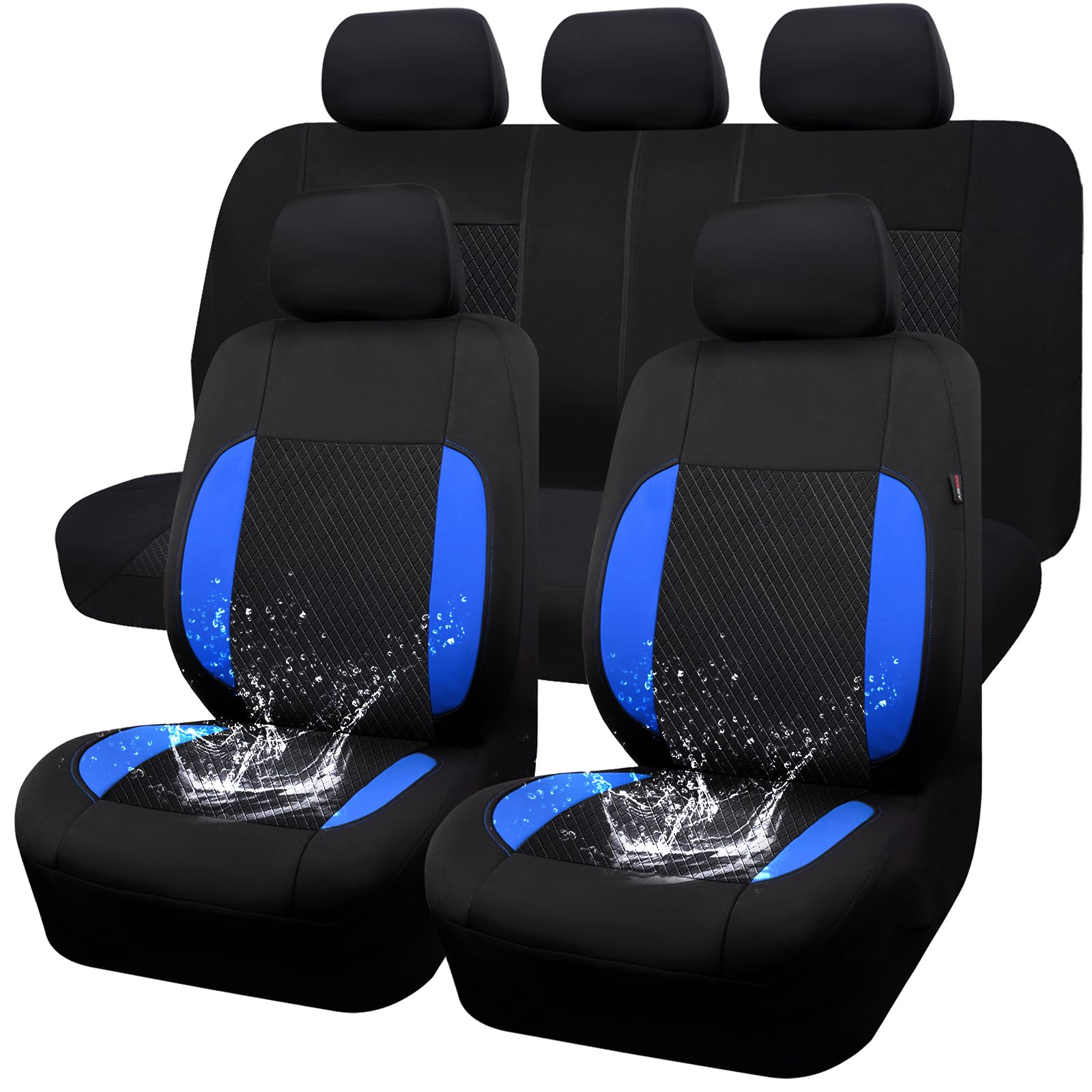 3D Embossed Waterproof Car Seat Covers Full Set - Universal Fit for SUV Sedan Truck - EVA Neoprene Material with Airbag Compatibility - Black & Blue Design - Perfect for Road Trips, Daily Commute & Outdoor Adventures