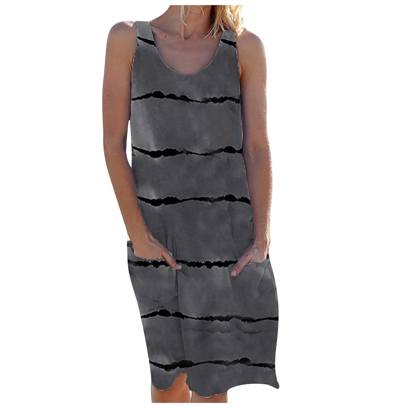 Women's Casual Sleeveless Sun Dress with Pockets - Striped Print Knee-Length Tank Dress for Beach, Vacation & Summer Outings