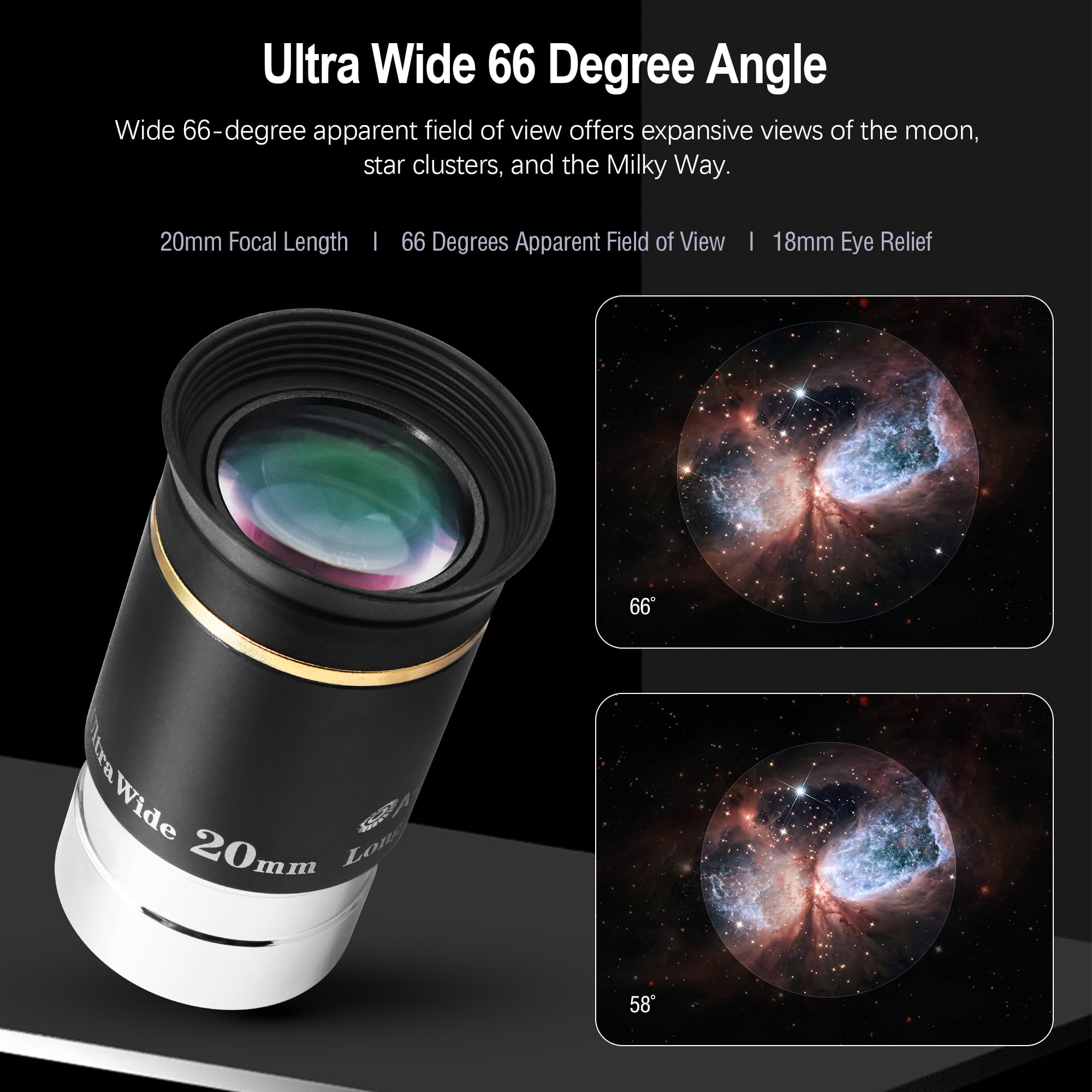 Astromania 1.25 Inch HD Fully Multi-Coated Telescope Eyepiece - 20mm Ultra Wide Angle 66° View with Long Eye Relief - Premium Astronomy Telescope Accessory for Stargazing, Moon Observation & Celestial Viewing