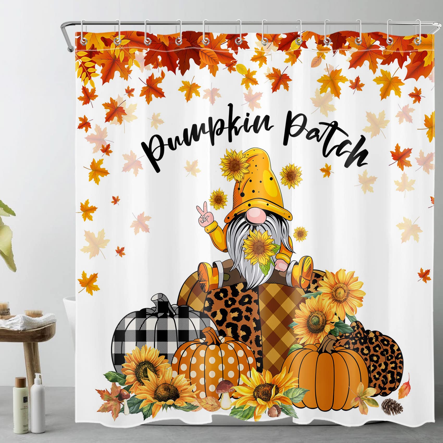 ECOTOB Farmhouse Pumpkin Shower Curtain - Gnome & Autumn Pumpkins with Falling Maple Leaves Design, 72x72 Inch Bathroom Decor for Fall Season | Perfect for Thanksgiving, Halloween, and Cozy Autumn Bathroom Makeover