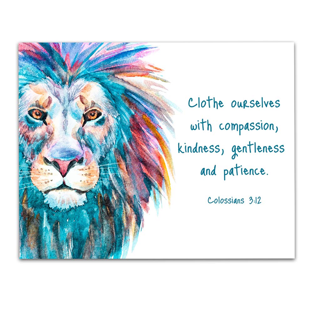 TJ Originals - Colossians 3:12 Bible Verse Wall Art Print - 11x14 Inspirational Christian Decor with Colorful Lion Design - Perfect for Home, Office & Church Decor - Thoughtful Gift for Women, Family & Friends
