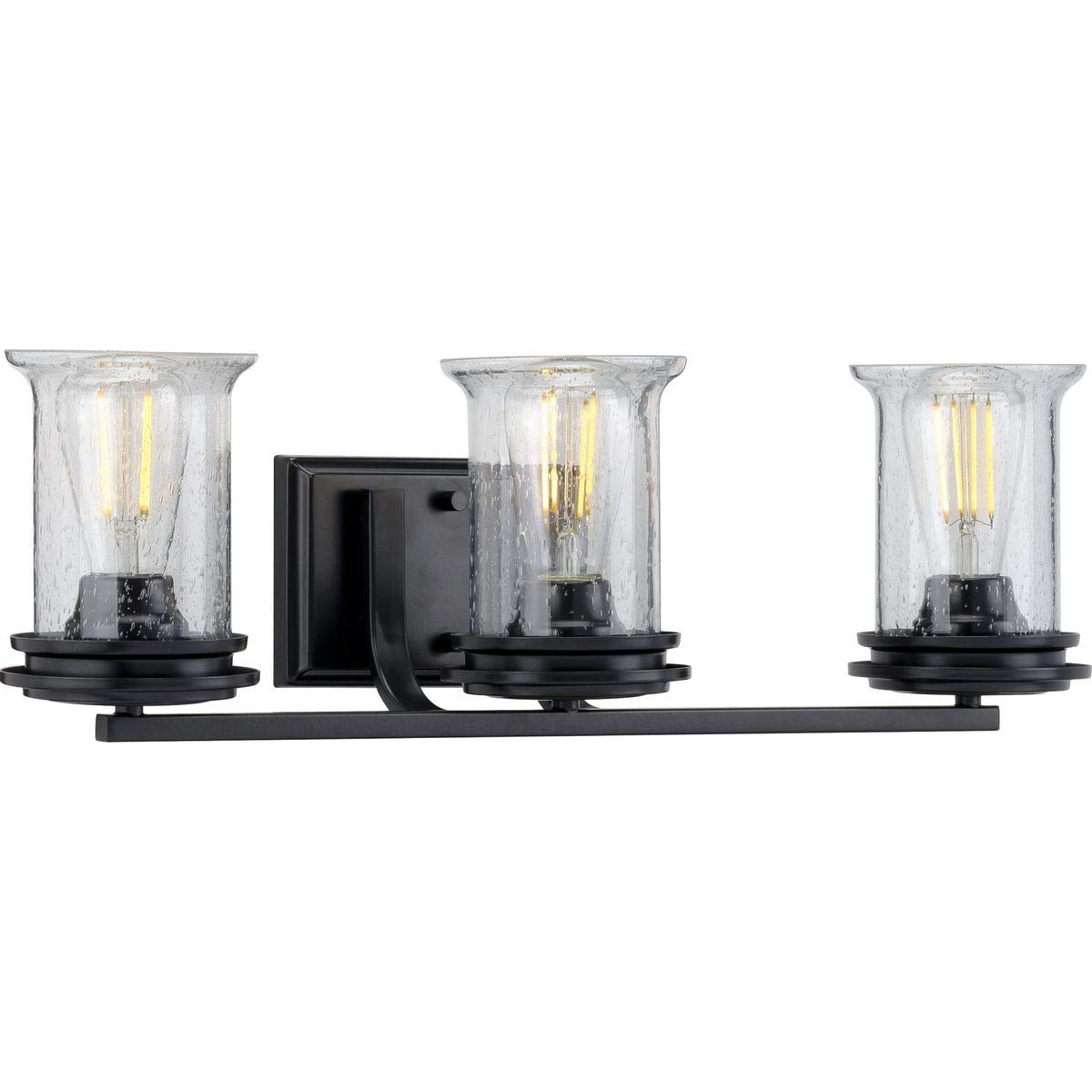 Progress Lighting Winslett Collection 3-Light Coastal Bath Vanity Light - Clear Seeded Glass with Matte Black Finish | Perfect for Beach House, Farmhouse & Coastal Style Bathrooms