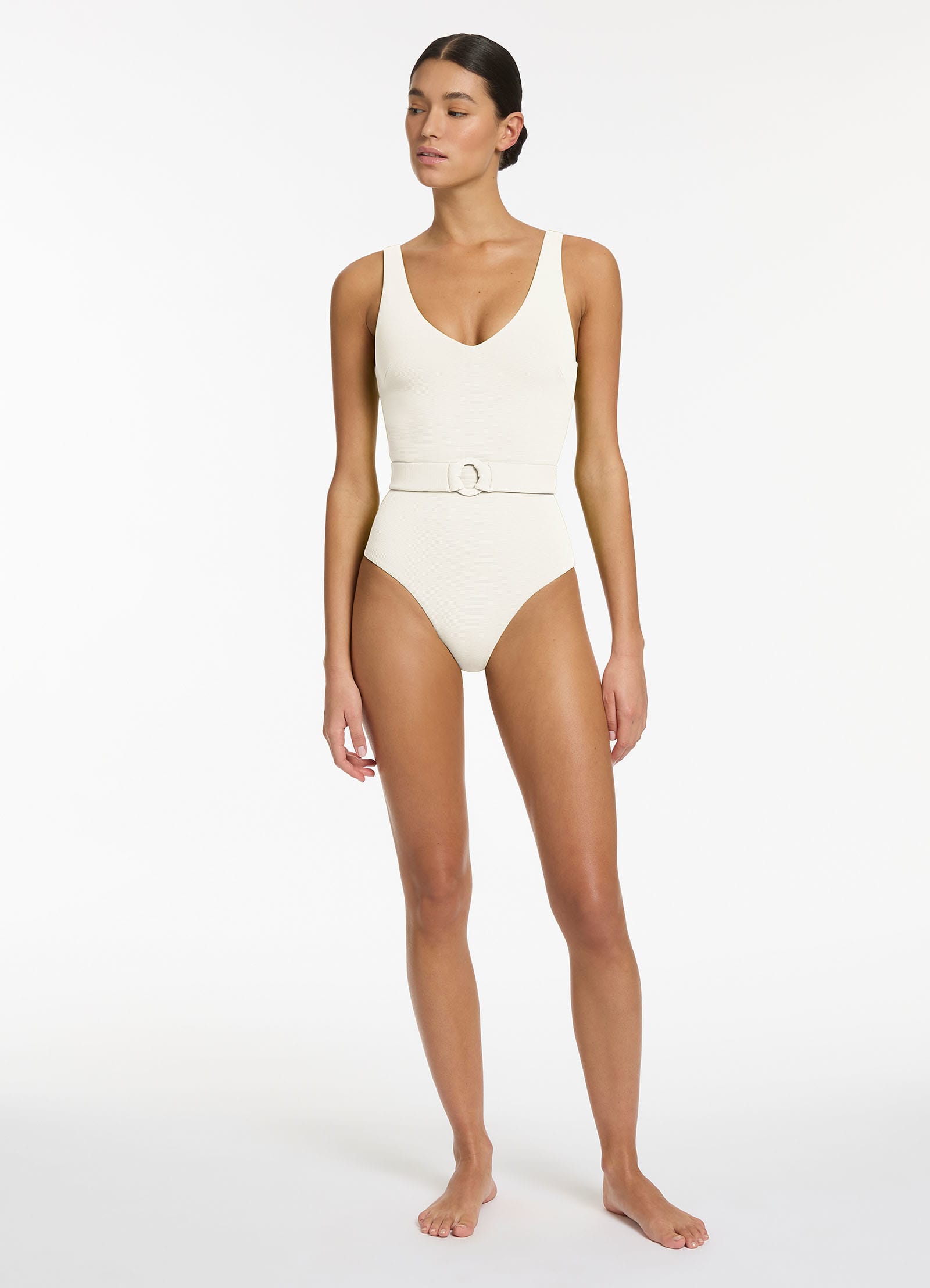 Isla Rib V Neckline Belted One Piece Swimsuit - Cream | Stylish & Comfortable Bathing Suit for Women | Perfect for Beach, Pool & Vacation