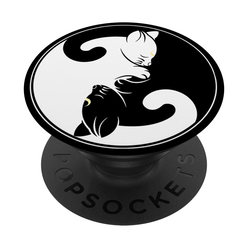 Kawaii Yin Yang Black Cat With Moon Crescent Head Manga Neko PopSockets Adhesive PopGrip - Anime Phone Grip for iPhone & Samsung - Perfect for Manga Lovers & Anime Fans