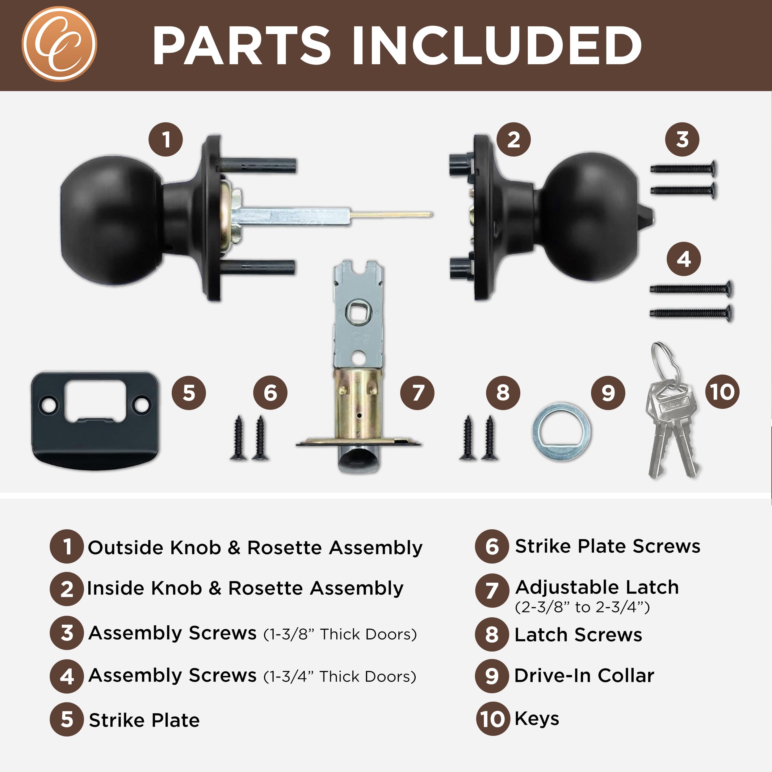Matte Black Door Knobs with Key - 3 Pack for Bedroom & Bathroom Security