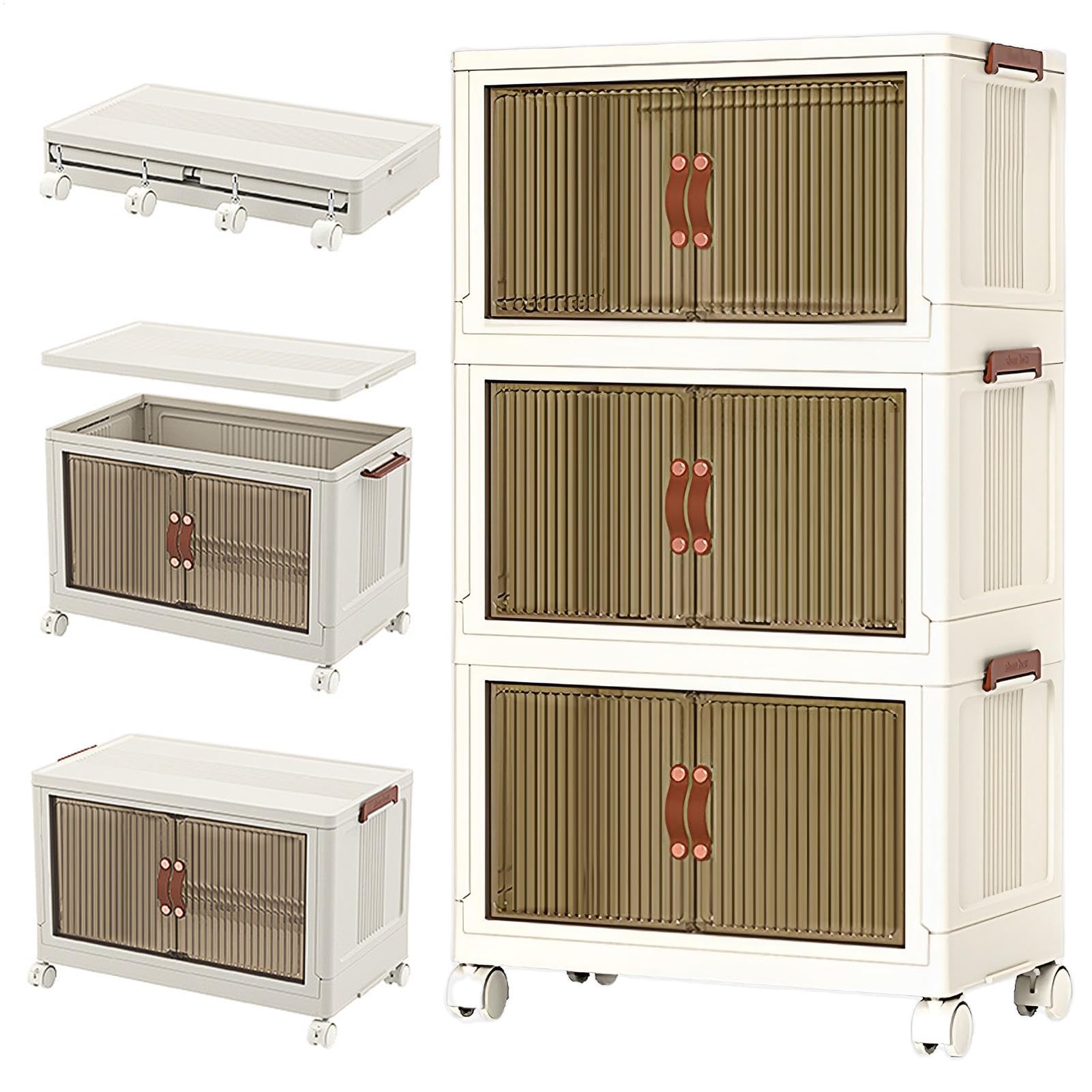 3-Tier Stackable Storage Bins with Lids & Wheels - Foldable Collapsible Storage Containers for Home, Dorm, Hallway | Space-Saving Organization for Clothes, Toys & Supplies