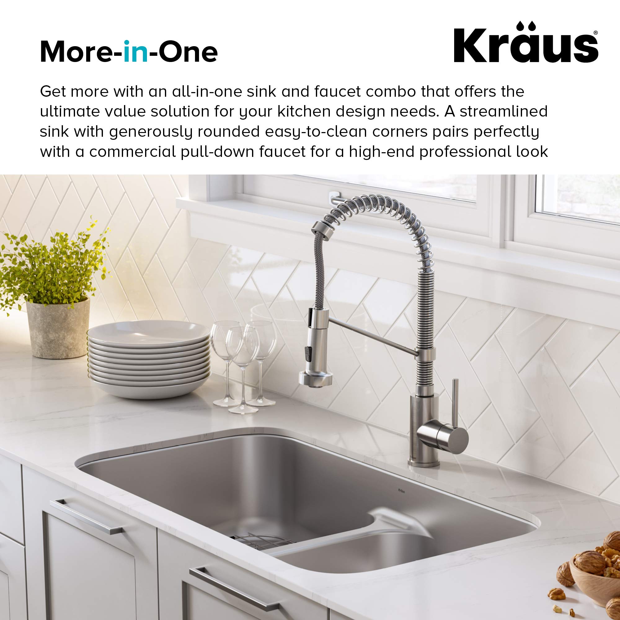 KRAUS KCA-1200 33-inch 16 Gauge Undermount Stainless Steel Kitchen Sink with 18-inch Pull-Down Commercial Style Faucet, Spot Free Finish - Perfect for Modern Home Kitchens and Restaurant-Style Cooking Spaces