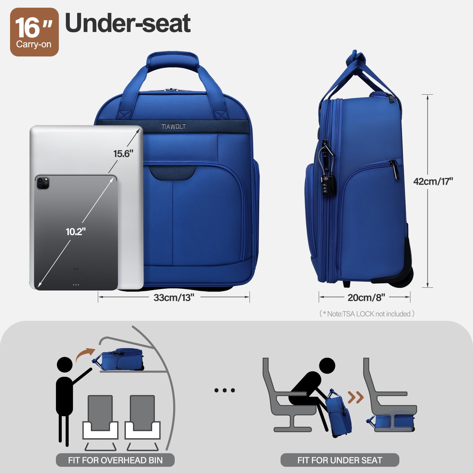 16-Inch Lightweight Underseat Carry-On Luggage with Wheels - Soft-Sided Weekender Overnight Bag for Women & Men, Fits 15.6