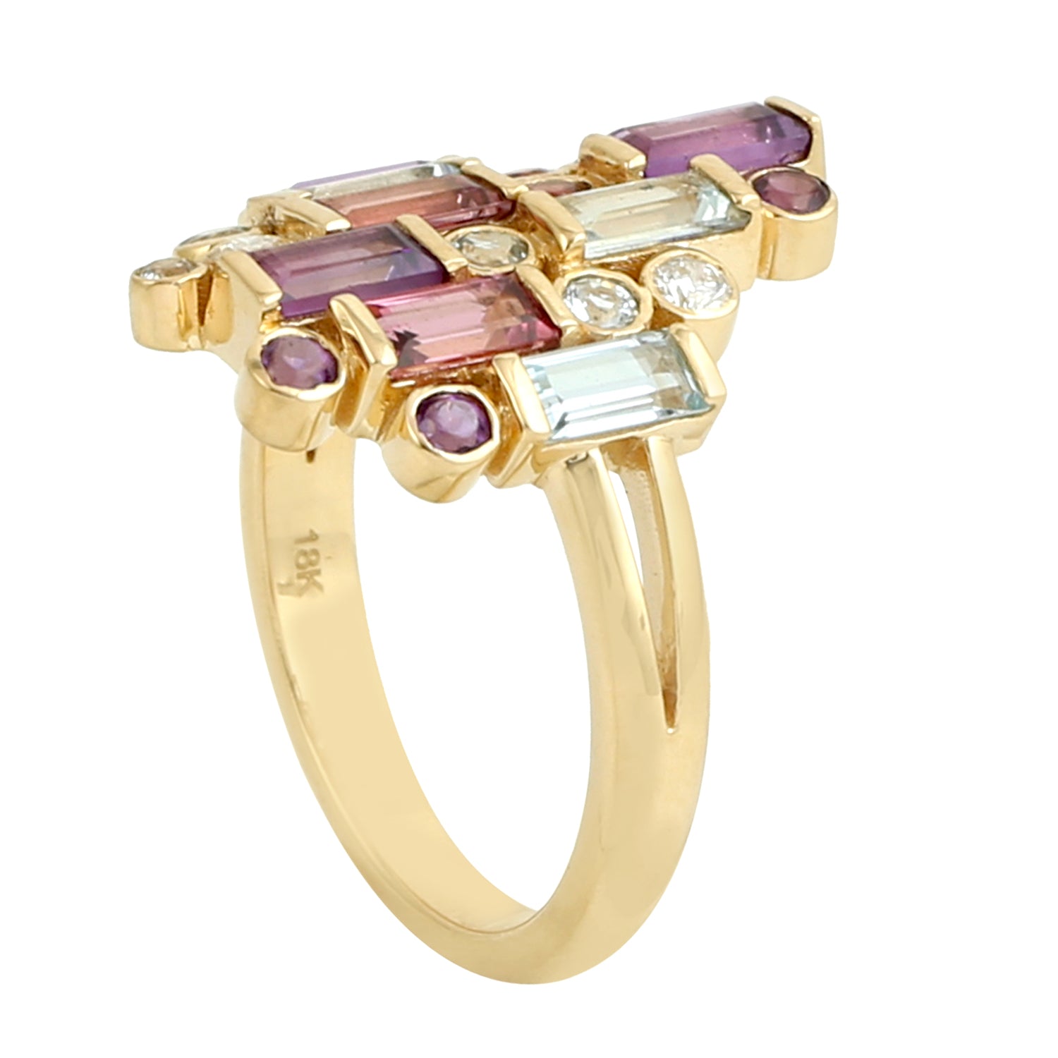 Baguette Blue Topaz Amethyst Multi Tourmaline Bezel Diamond Cluster Ring in 14K Gold - Elegant Statement Jewelry for Weddings, Anniversaries & Special Occasions