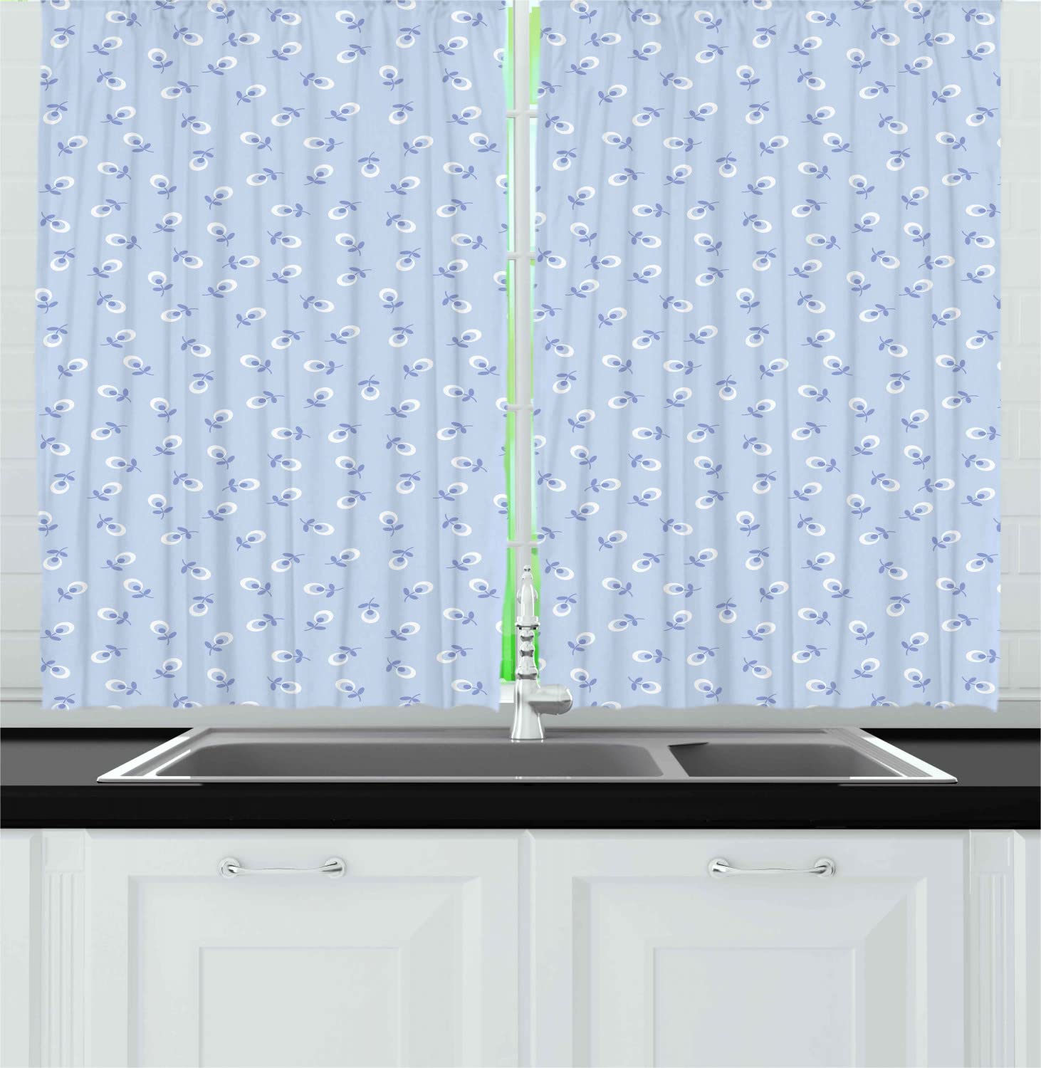 Ambesonne Floral Long Kitchen Curtains - Spring Flowers Blue Background Retro Drapes, 55
