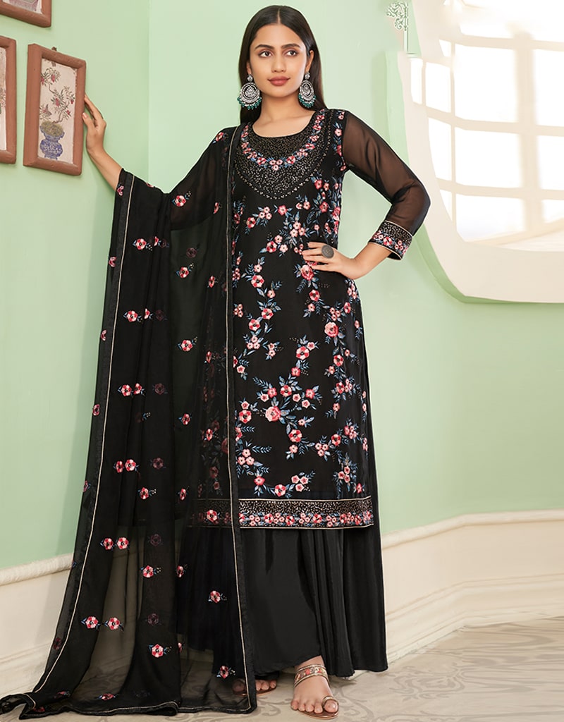 Elegant Black Palazzo Style Suit in Georgette Fabric - Perfect for Office Wear, Formal Events & Evening Occasions