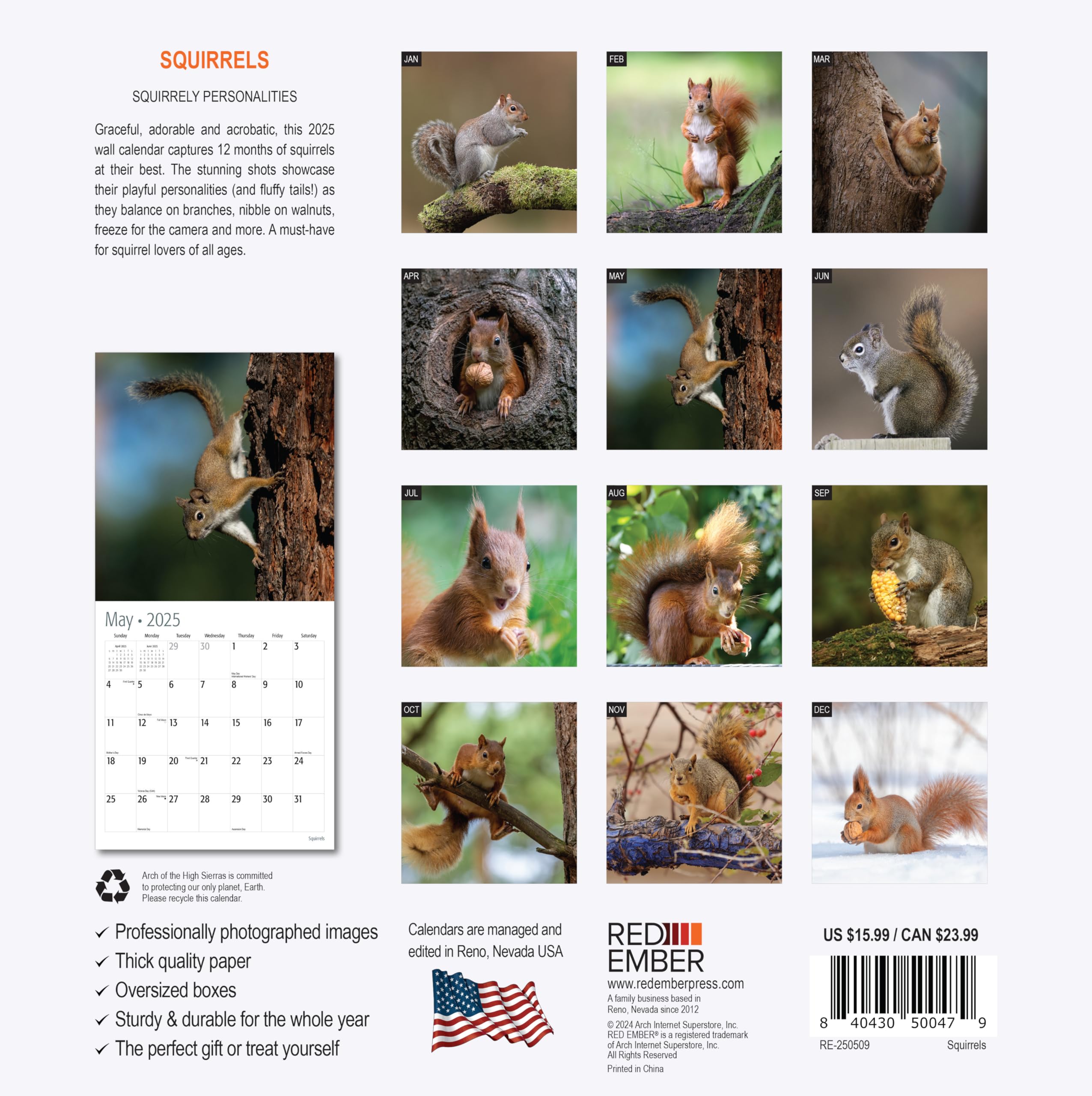 RED EMBER Squirrels 2025 Wall Calendar - 12 Month Large Format (12x24 Inches) with Thick Sturdy Paper - Perfect for Home, Office, Classroom Decor & Holiday Gifts