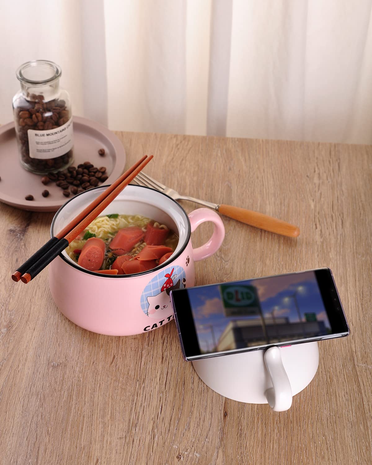 WHJY Cute Kitty Ramen Bowl Set with Lid - 35oz Microwave Safe Noodle Soup Bowl for Instant Ramen, Perfect for Home, Office & Dorm Use - Pink