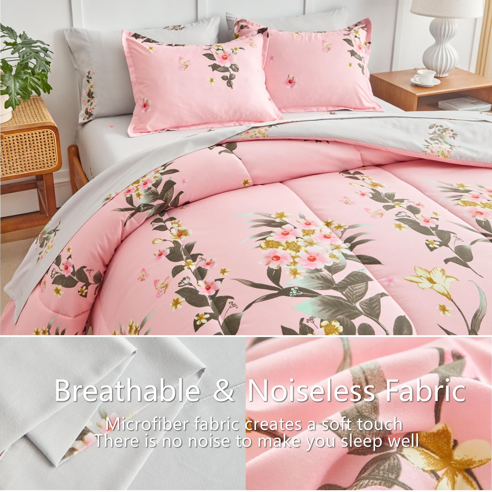 AIKASY 7-Piece Pink Queen Comforter Set with Sheets - Palm Tree Totem Print, Ultra Soft Down Alternative All Season Bedding | Perfect for Master Bedroom, Guest Room & Vacation Home Decor (Queen Size, Pink)