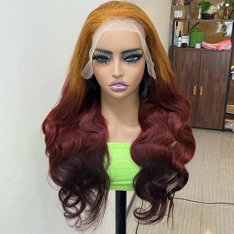 Eullair Flawless Ombre Coral Orange Copper Brown Body Wave Human Hair Wig with Lace Frontal - Sunset Copper Brown for Daily Wear, Parties & Special Occasions