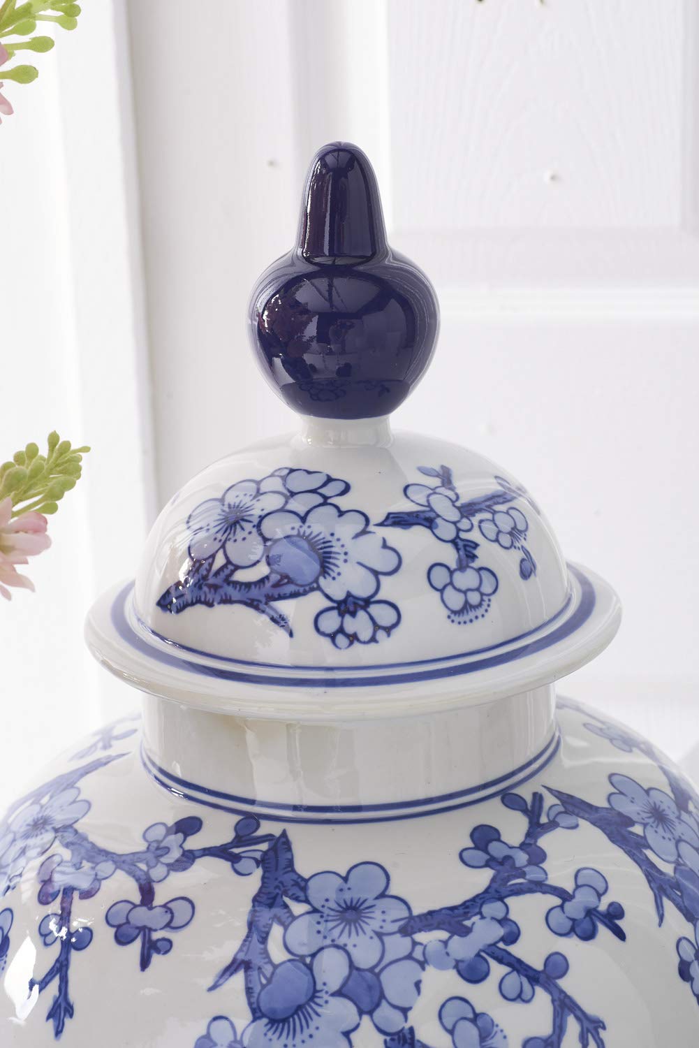 K&K Interiors 15299D 24 Inch Blue and White Porcelain Chinoiserie Lidded Ginger Jar - Elegant Home Decor for Living Room, Bedroom & Office