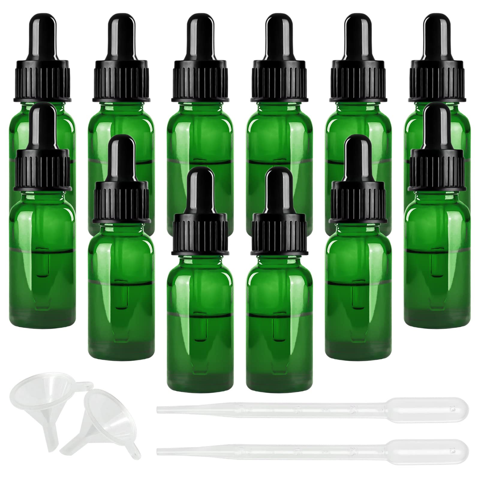 12 Pack 10ml Green Glass Dropper Bottles with Pipette - Essential Oil Bottles, Refillable Cosmetic Containers for Aromatherapy, Massage Oils & DIY Beauty Blends - Perfect for Home Spa, Travel & Gift Sets