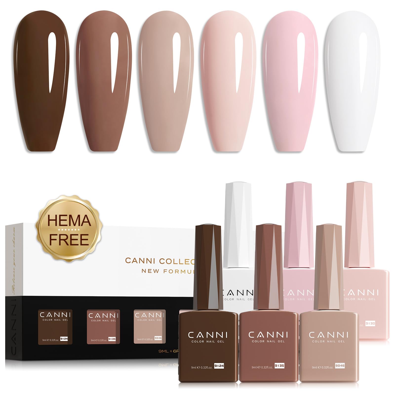 CANNI 6 Colors Nude Pink Gel Nail Polish Kit - 9ML Soak Off UV Gel Polish Set for French Manicure | Neutral Brown & Skin Tone Shades | DIY Salon & Home Nail Art