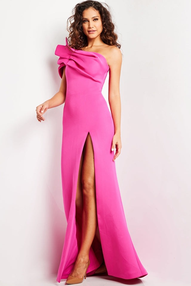 Jovani 24018 Fuchsia One Shoulder High Slit Formal Evening Gown - Perfect for Prom, Homecoming, and Red Carpet Events