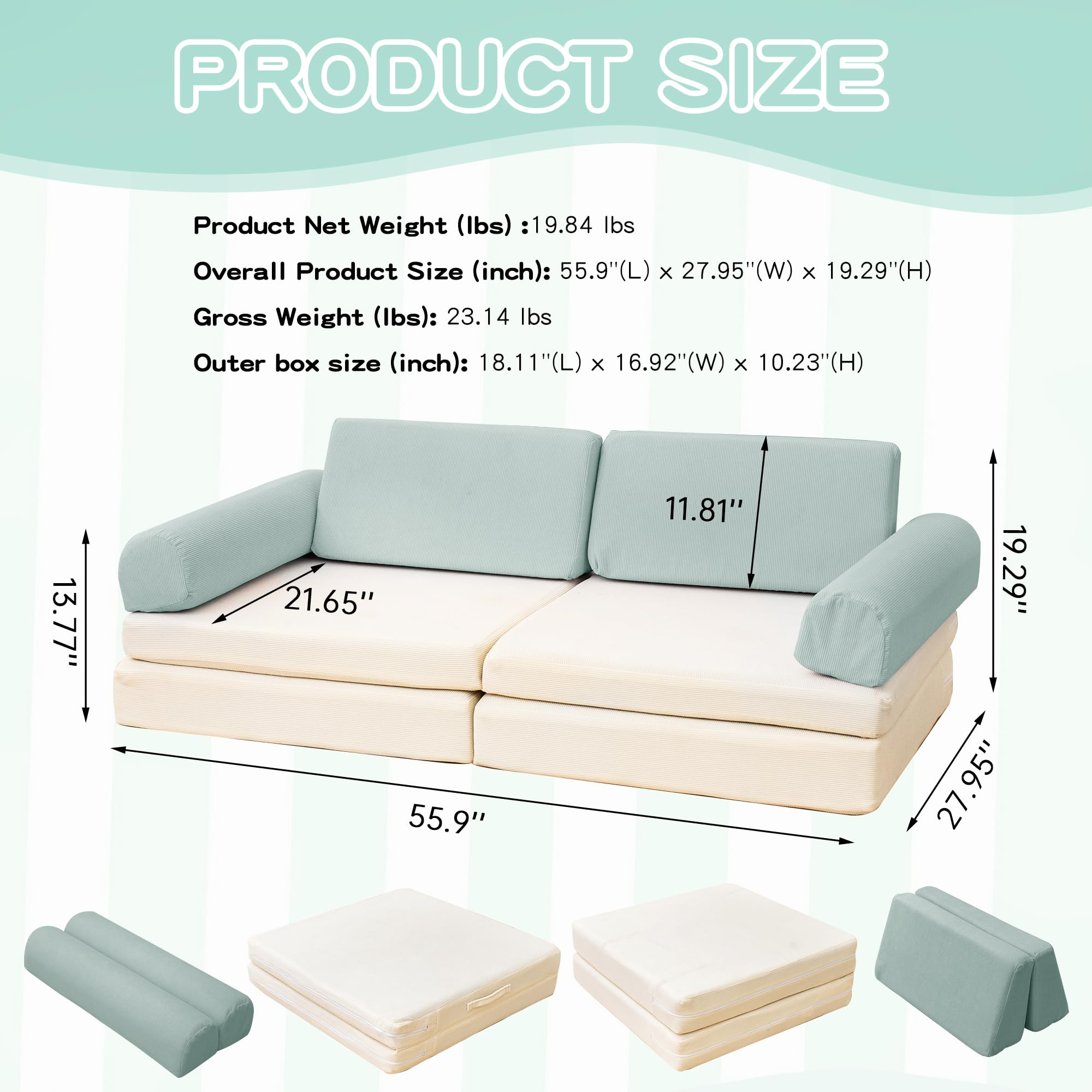 Modular Kids Play Couch - Convertible Toddler Foam Sofa for Playroom | Corduroy Fabric Nugget Couch with 5-Second Instant Expansion | Baby Explorer Set in Cyan & Beige | Perfect for Indoor Play, Reading Nook, and Nap Time