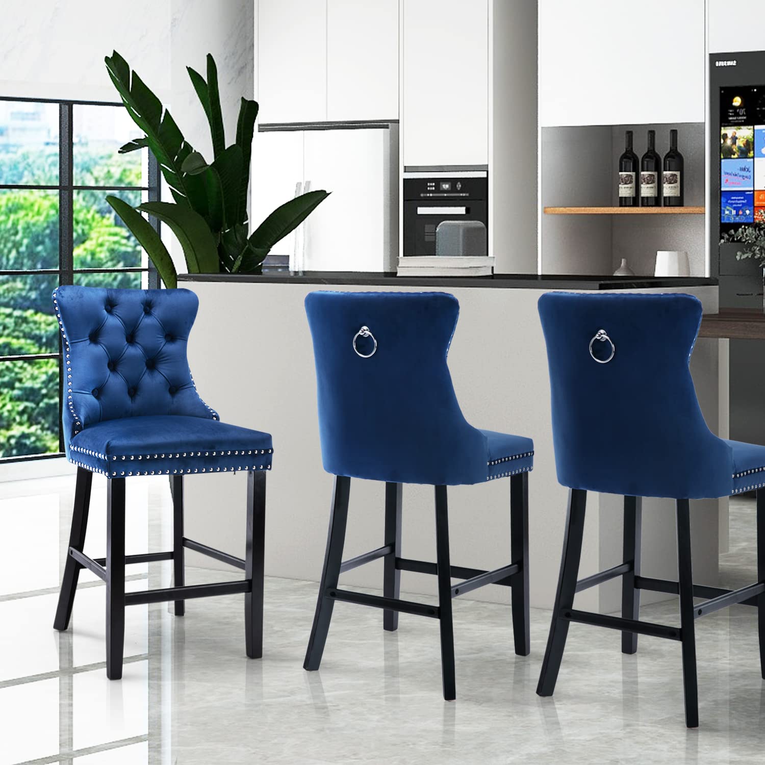 SoarFlash Modern Velvet Upholstered Bar Stools Set of 2 - Wood Legs, Button Tufted, Chrome Nailhead Trim, Armless Counter Height Stools for Kitchen Island, Breakfast Bar & Home Decor (Blue)