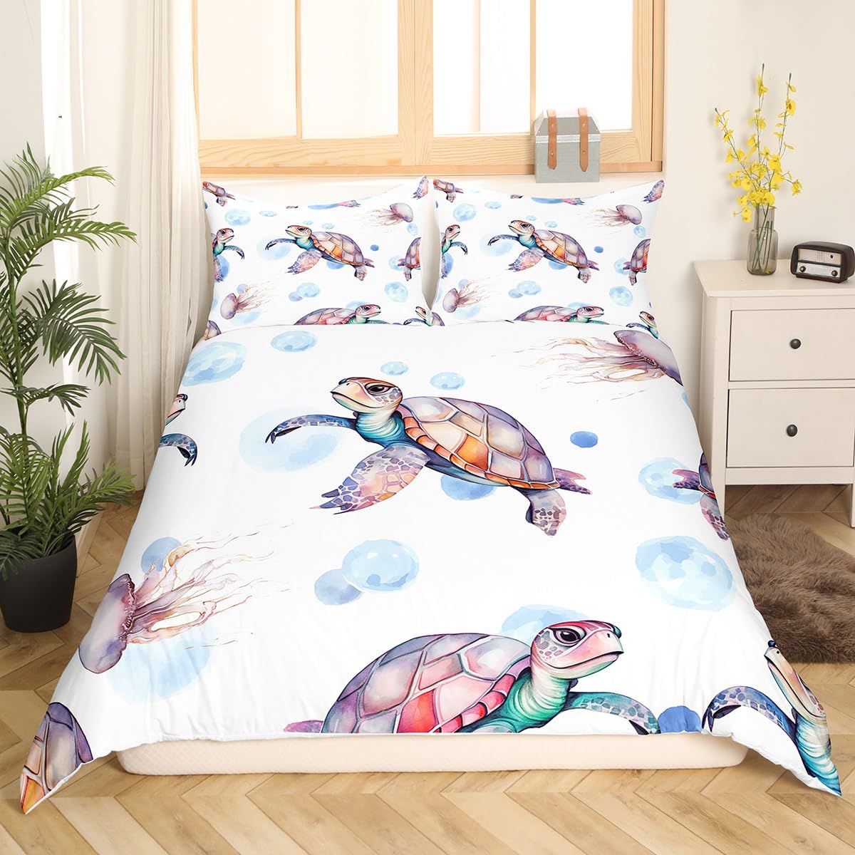 Erosebridal King Size Turtle Bedding Set - White & Pink Hawaiian Duvet Cover, Beach Theme Quilt with Underwater Turtle Design | Perfect for Kids' Bedrooms, Summer Decor & Coastal-Themed Homes