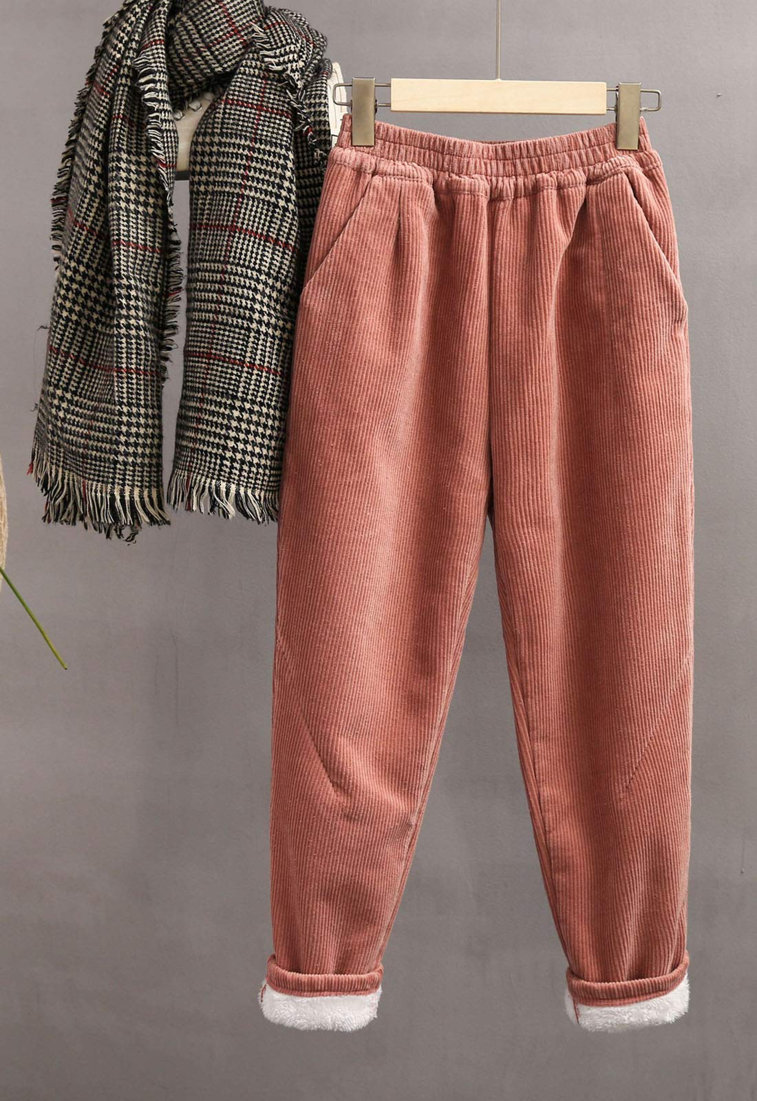 Flygo Women's Casual Thick Fleece Sherpa Lined Corduroy Pants - Warm Winter Elastic Waist Sweatpants for Lounge, Travel & Outdoor Activities
