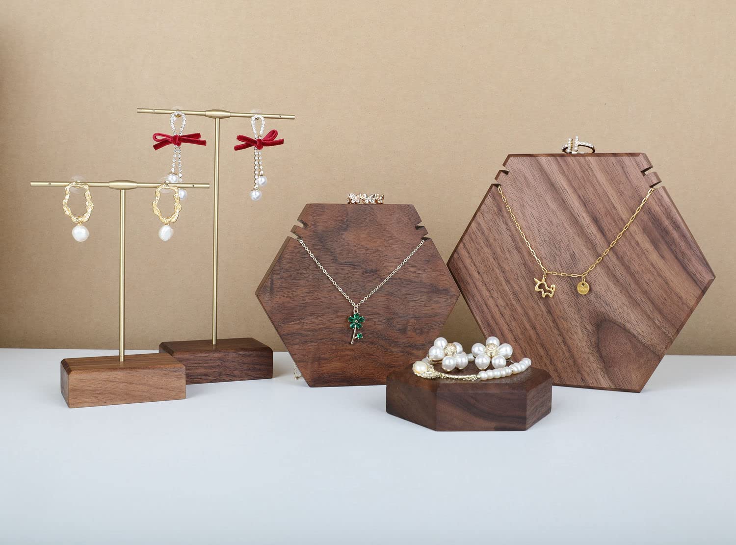 GemeShou 3-Piece Walnut Wood Necklace Display Stand Set - Hexagon Jewelry Holder Organizer for Retail Stores & Boutiques | Perfect for Necklace Storage, Showcase, and Selling in Jewelry Shops