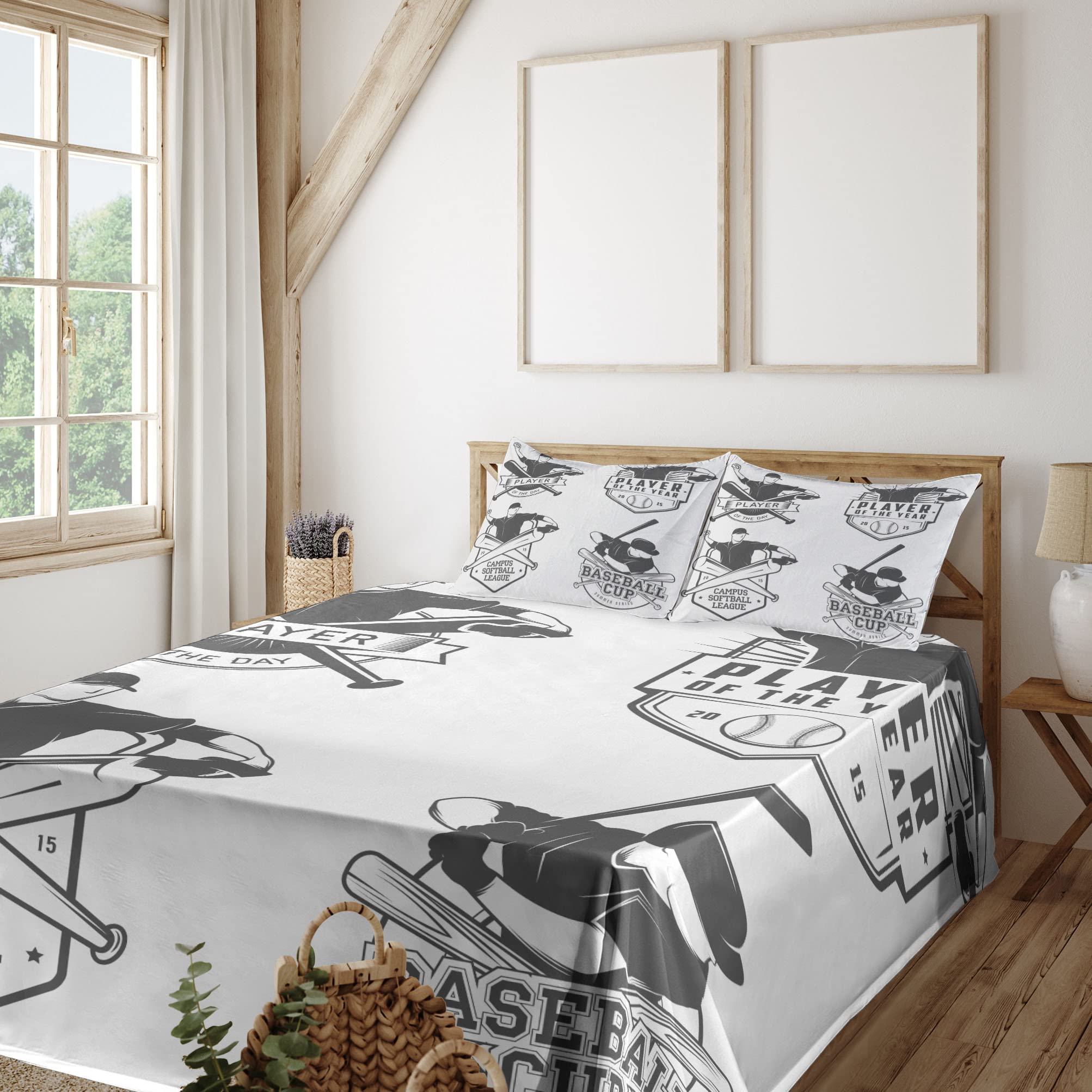 Ambesonne Vintage Baseball & Softball Championship Bed Sheet Set - 4 Piece King Size with Fitted Sheet, Flat Sheet & Pillowcases - Charcoal Grey & White Sports Themed Bedding for Baseball Fans | Perfect for Game Day Decor, Sports Themed Bedrooms & Fan Gift Ideas