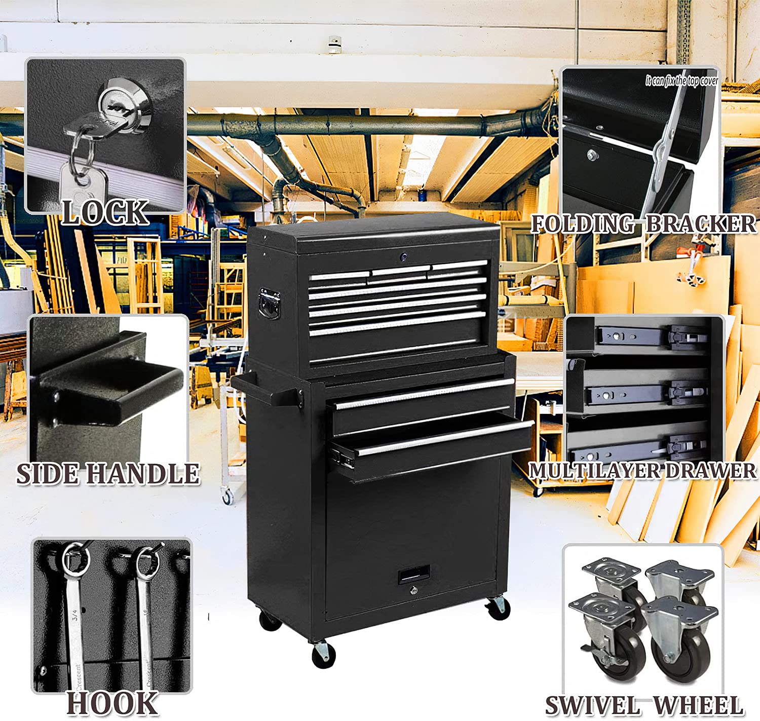8-Drawer Rolling Tool Chest Organizer - Heavy Duty Tool Storage Cabinet with Lock & Wheels, Portable Tool Box for Garage, Workshop, Warehouse, Auto Repair & DIY Projects (Black)