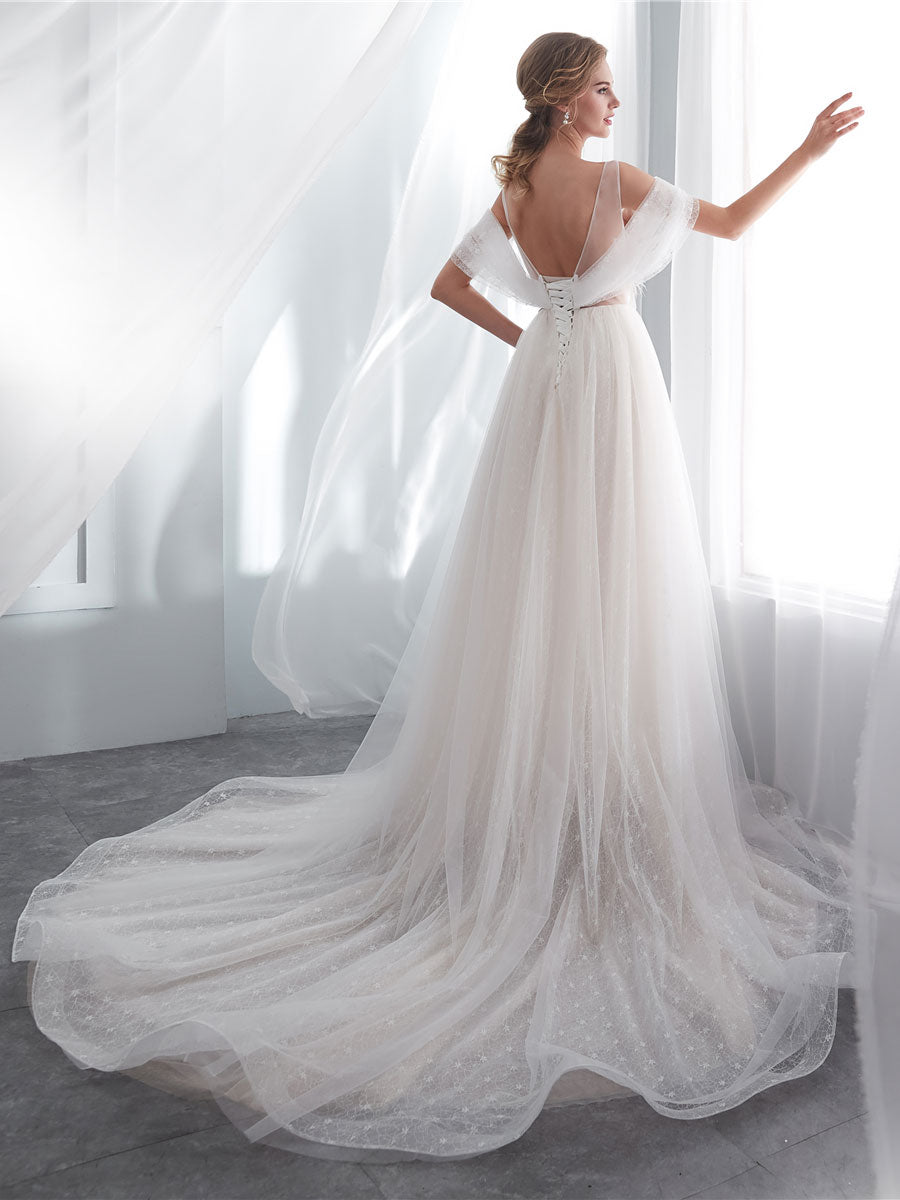 Elegant Light Champagne Tulle Lace Long Beach Wedding Dress for Bride - Perfect for Beach Weddings, Vow Renewals & Romantic Photoshoots