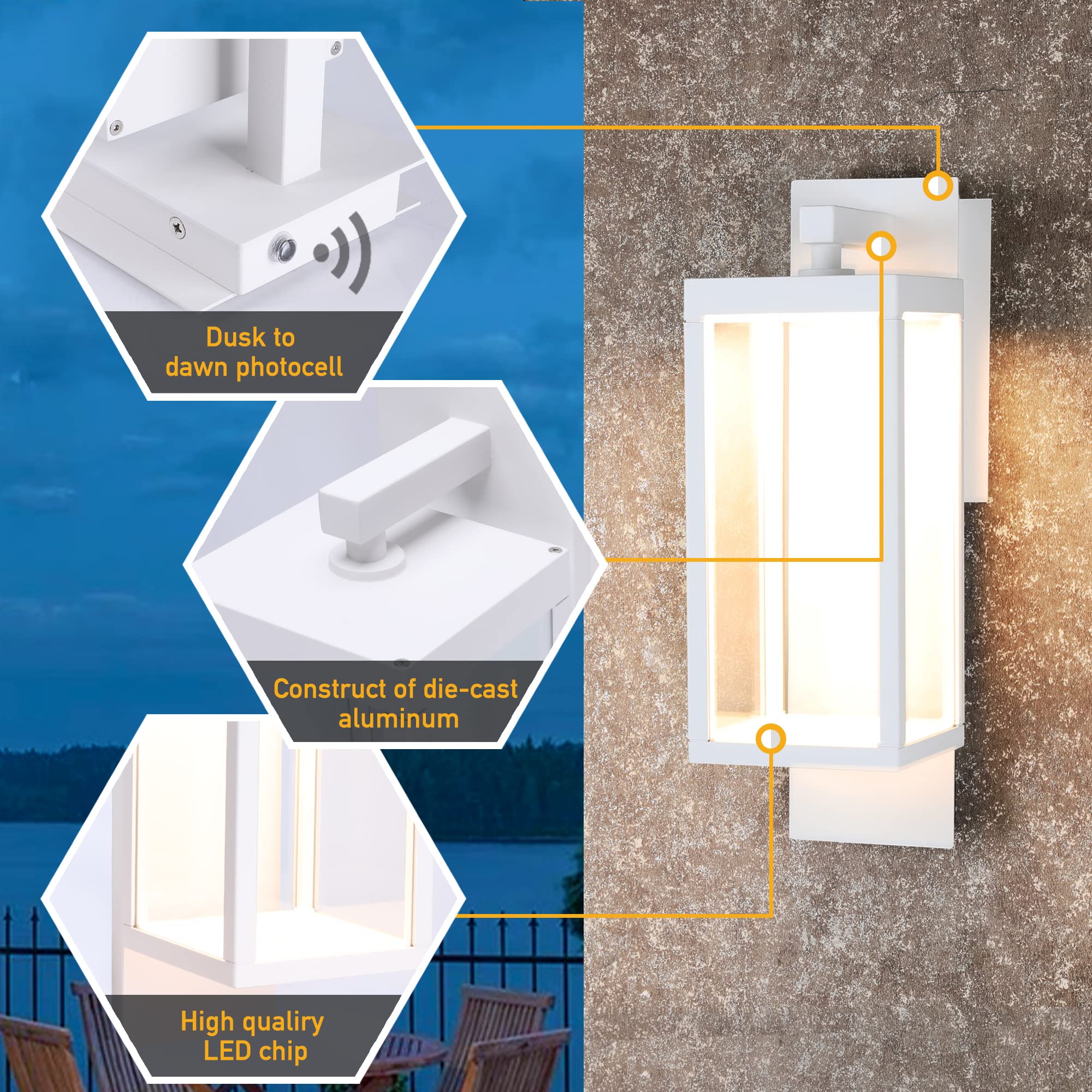 Outdoor Wall Sconce Lantern with Dusk to Dawn Sensor - White LED Exterior Light, IP54 Waterproof, Aluminum Wall Mount Lamp - 13W 800Lm 3000K Warm Light for Porch, Front Door, Garden, Patio & Pathway Lighting