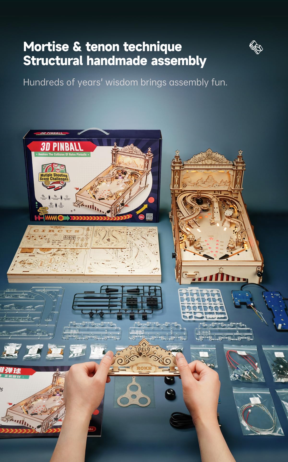 ROBOTIME EG01 Wooden Pinball Machine 3D Puzzle Kit for Adults - DIY Miniature Pinball Game for Home Decor, Gifts & Stress Relief