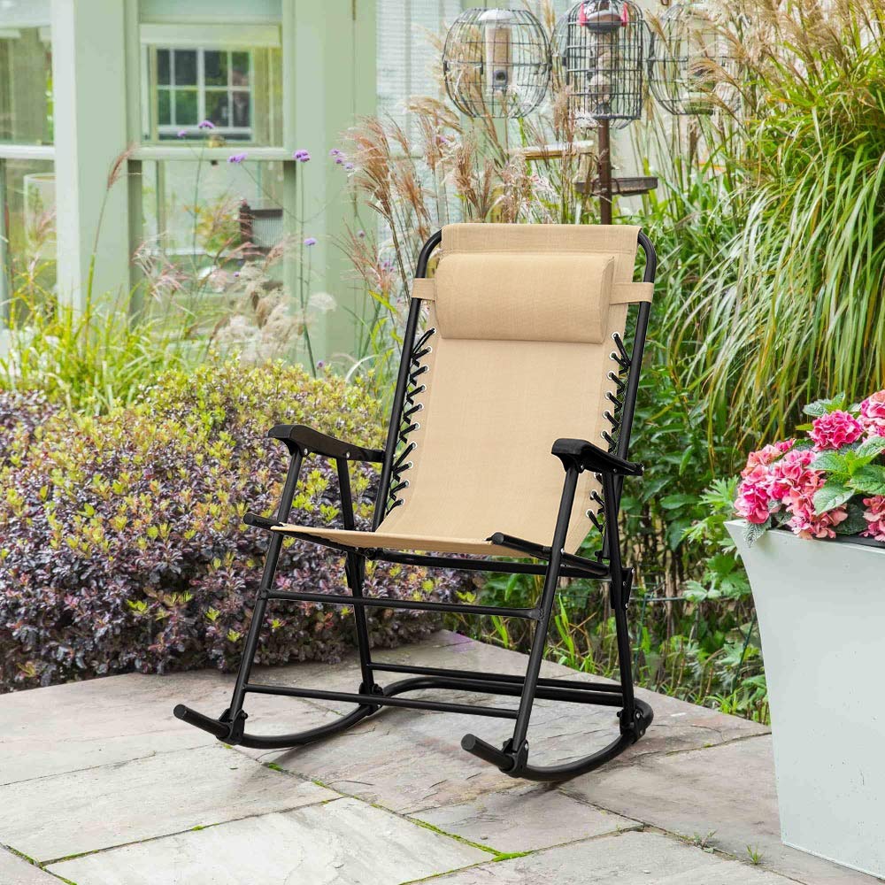 Flamaker Patio Rocking Chair - Zero Gravity Outdoor Folding Recliner Lounge Chair with Adjustable Backrest, Heavy Duty Steel Frame - Perfect for Backyard, Poolside, Beach & Camping (Beige)