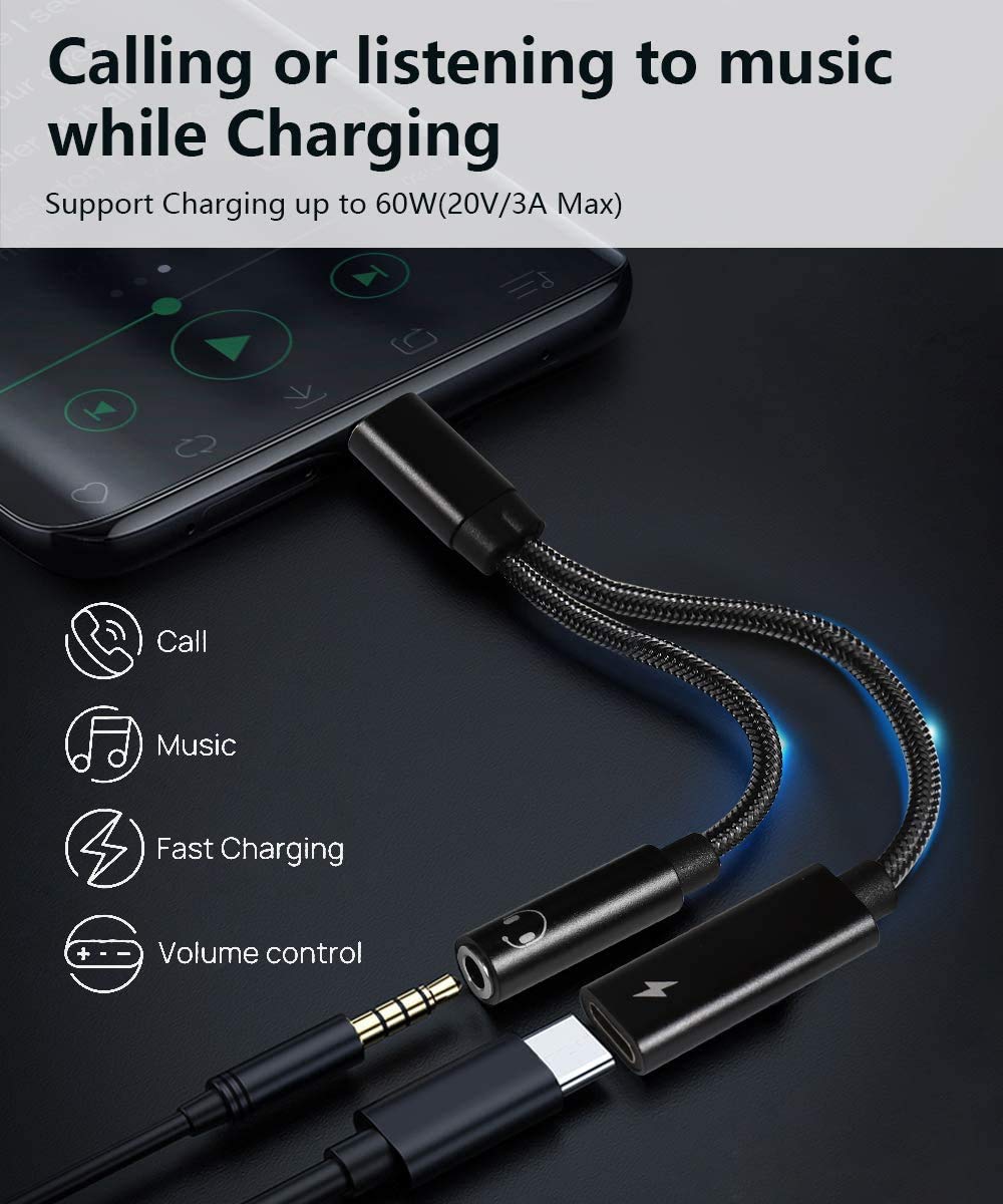 2-in-1 USB C to 3.5mm Headphone Jack Adapter with 60W PD Fast Charging - Hi-Fi Audio & Power Delivery Dongle for iPhone 16/15 Pro Max/Plus, Galaxy S24/S23/S22, Pixel 9/8/7 - Perfect for Travel, Gaming & Charging On-The-Go