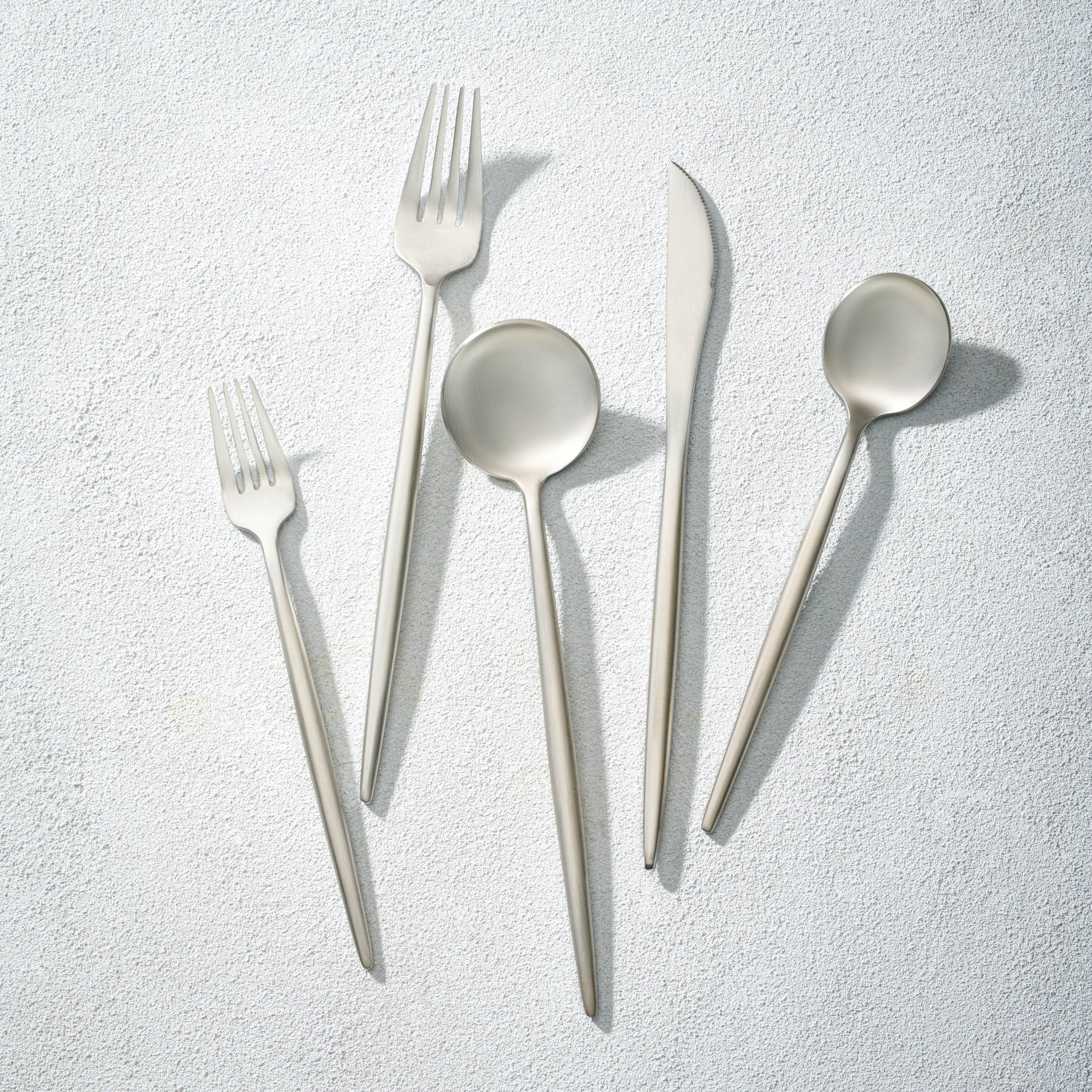 Premium 18/10 Stainless Steel Flatware Set - 20-Piece Brushed Silver Silverware for 4 - Modern Matte Cutlery Set with Long Handles for Fine Dining, Weddings & Dinner Parties - Vikko Decor Elegant Tableware