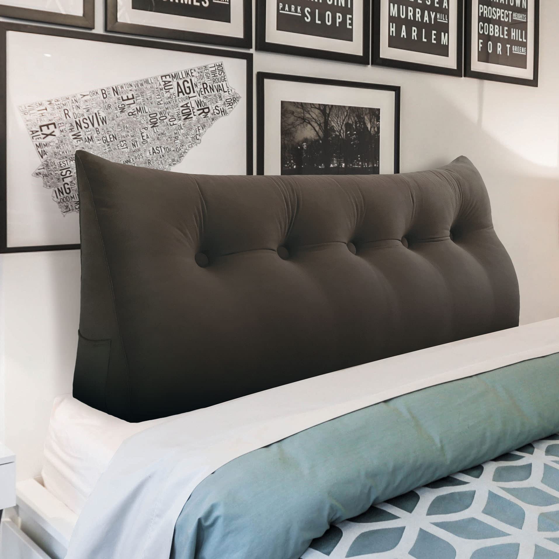 WOWMAX King Size Upholstered Headboard Pillow - Button Tufted Triangular Fabric Headboard with Removable Washable Velvet Cover for Bedroom, Dorm, Apartment - Coffee Brown Home Decor