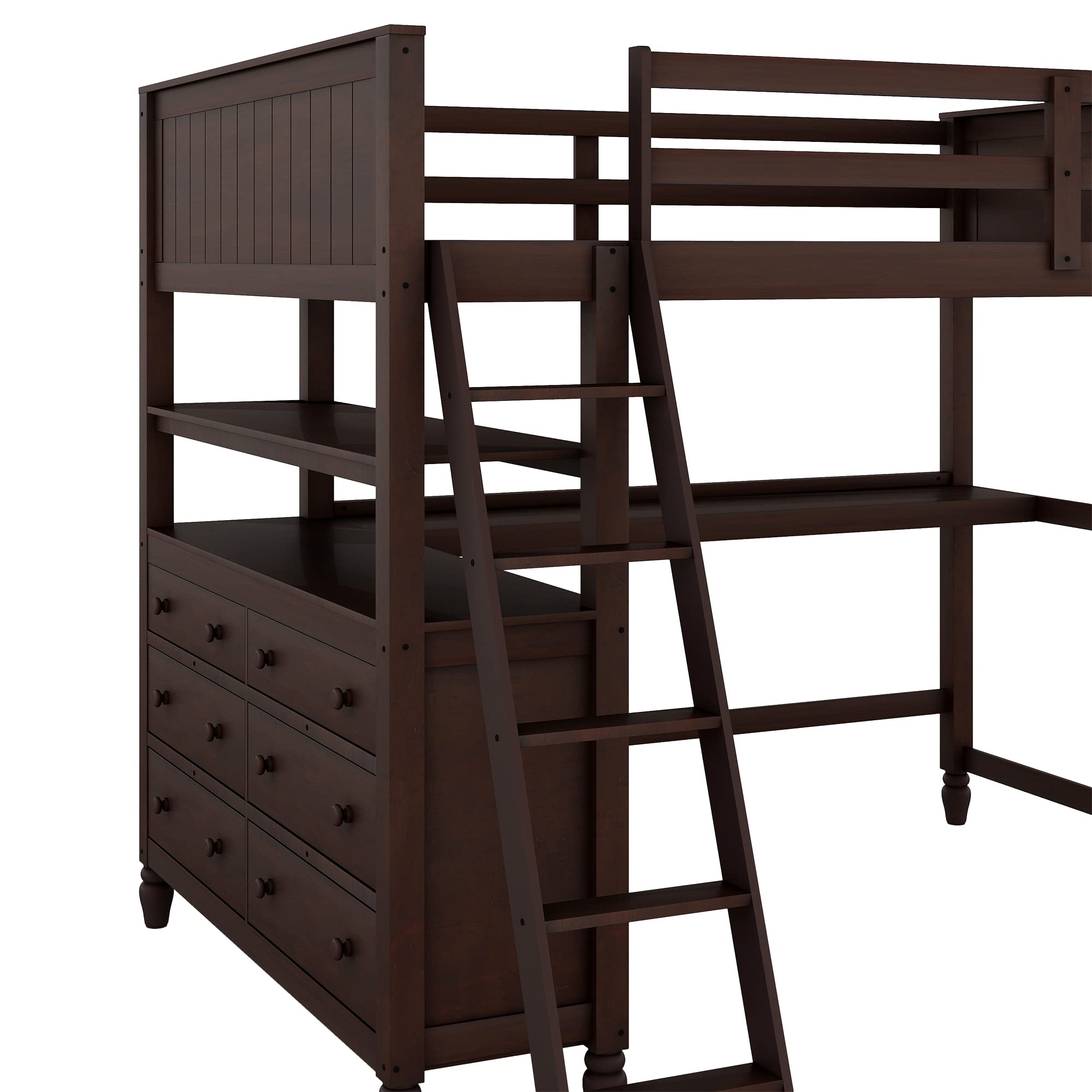 Full Loft Bed with Desk & Storage - Wooden Twin Loft Bed with 6 Drawers & Shelves for Kids, Teens, College Dorm - Space-Saving Study & Sleep Solution (Espresso) - Perfect for Small Bedrooms & Studio Apartments
