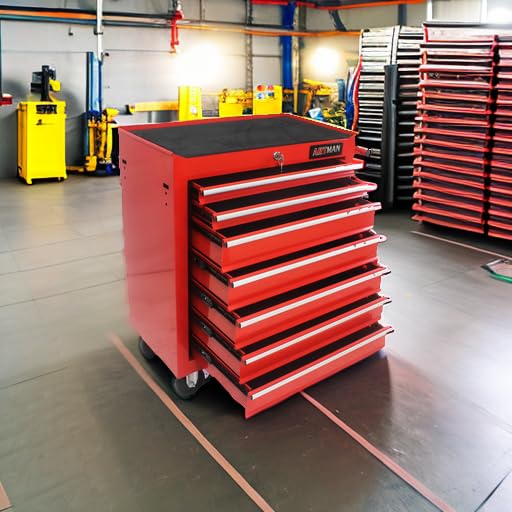7-Drawer Rolling Tool Chest with Wheels - Heavy Duty Multifunctional Tool Cart for Mechanics - Garage, Workshop & Repair Shop Storage Cabinet (Red) - Perfect for Organizing Tools, Auto Repairs & DIY Projects