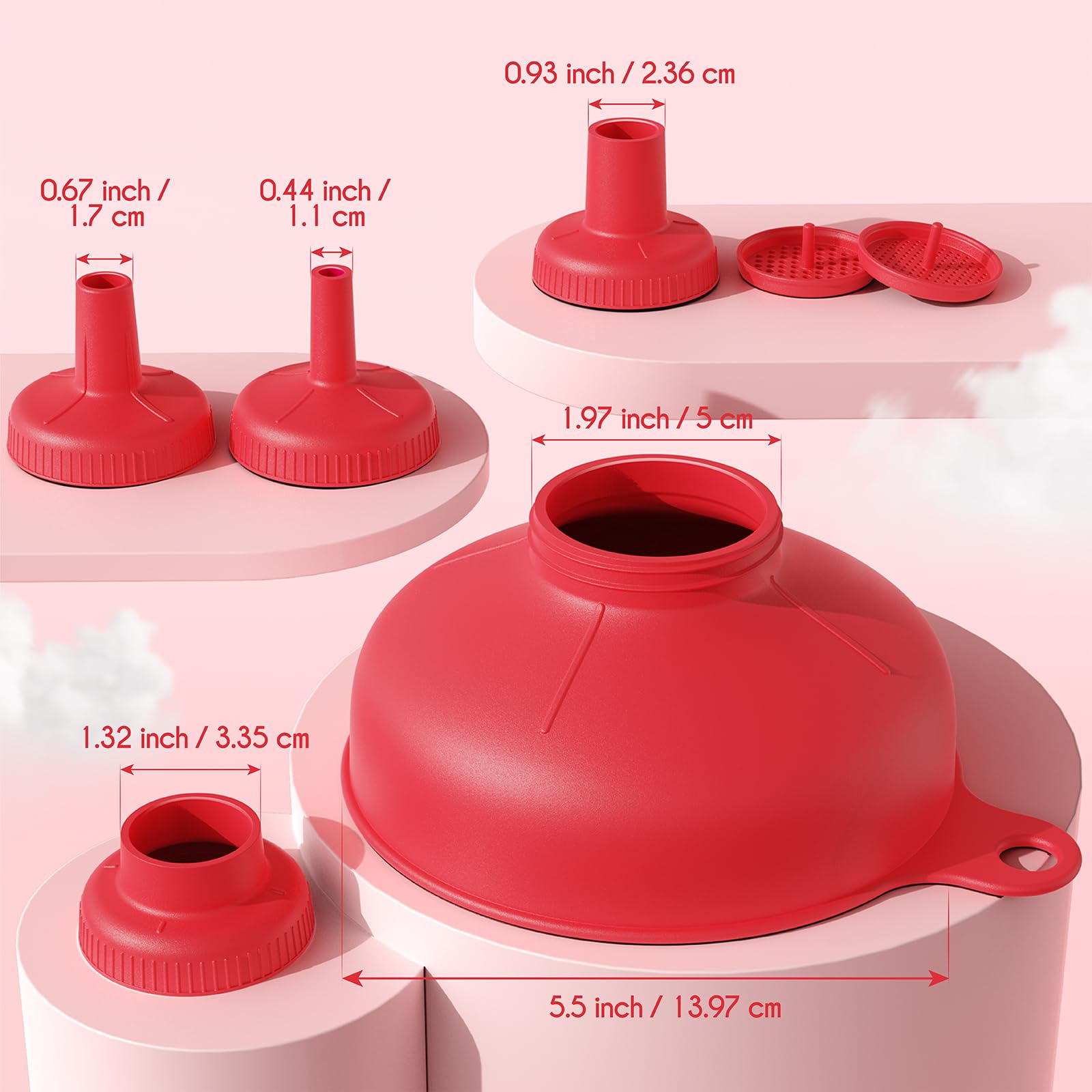 Wide Mouth Multi-Purpose Kitchen Funnel Set - 4 Size Food Grade Plastic Canning Funnels with 2 Strainers for Bottles, Jars & Bags (Red) - Perfect for Home Canning, Cooking Oil Transfer & DIY Projects