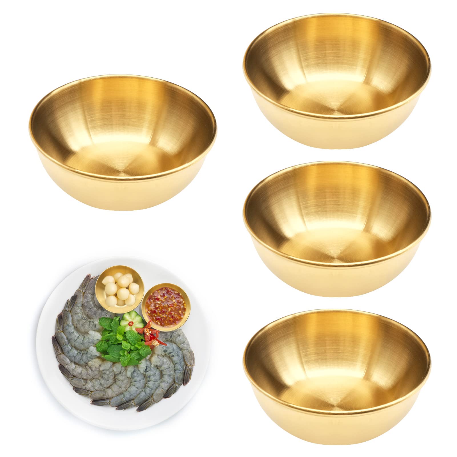 4-Piece Gold Stainless Steel Sauce Dip Bowls Set - Small Soy Sauce Dishes & Appetizer Plates for Sushi, Dumplings, and Dipping Sauces - Perfect for Restaurants, Home Dining, and Party Serving