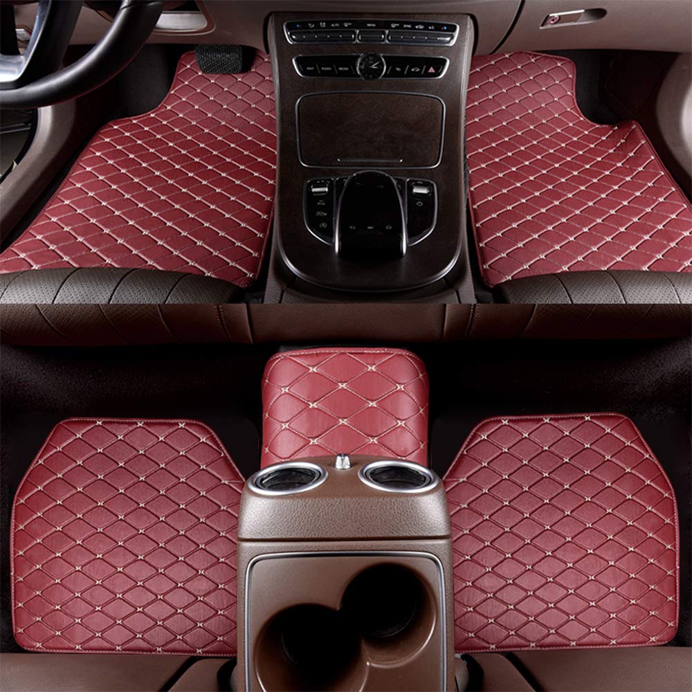 5-Piece Universal Leather Car Floor Mats Set - Non-Slip All Weather Protection for SUVs, Trucks & Vans (Front & Rear, Wine Red) | Durable & Stylish Interior Upgrade for Daily Commute & Road Trips
