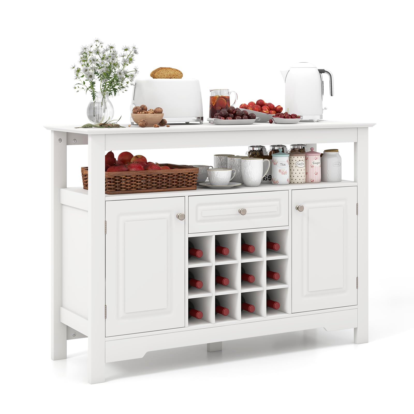 Giantex White Bar Cabinet with Storage - 12-Bottle Removable Wine Rack, 2 Doors & Drawer Buffet Sideboard - Multipurpose Liquor Cabinet for Kitchen, Dining Room, Living Room & Entryway | Perfect for Home Entertaining, Wine Storage & Coffee Station Organization