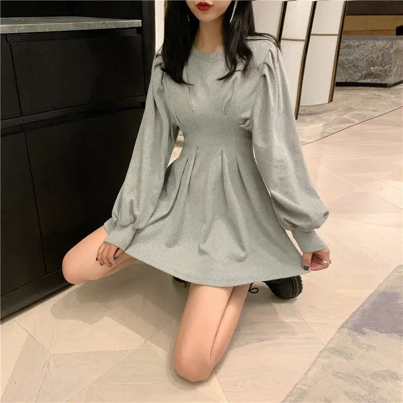 Korean Style Autumn Black Mini Dress - Long Sleeve Pleated Wrap Dress for Women | Spring Fashion Casual Streetwear | Perfect for Kpop Outfits, Date Nights & Office Wear