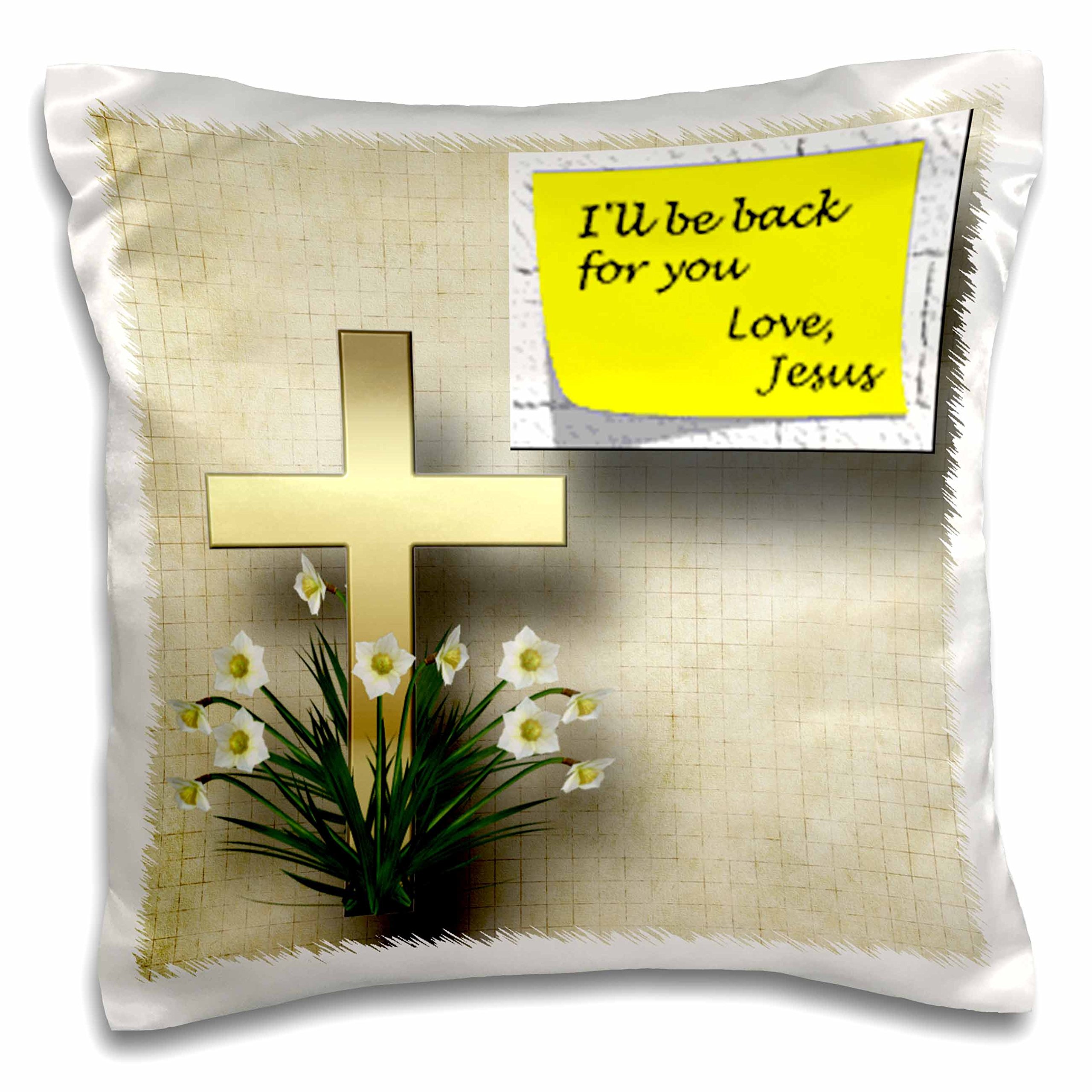 3dRose Pretty Cross and Spring Flowers with Jesus Note - Inspirational Christian Gift Pillow Cover 16x16 Inch - Perfect for Home Decor, Church Events & Easter Gifts