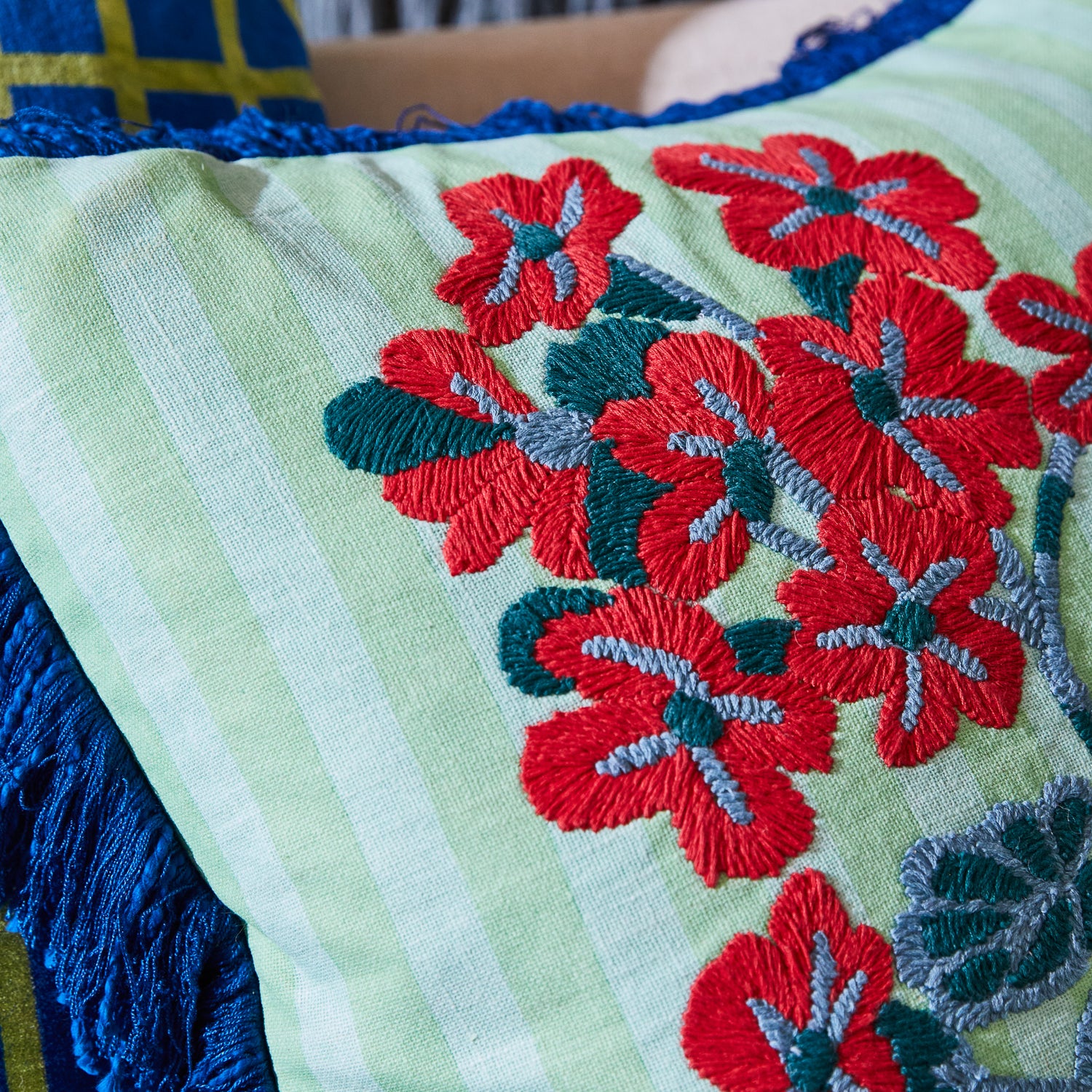 Annette Embroidered Cushion Cover - Jade Green Bohemian Style Home Decor for Sofa, Bed & Living Room