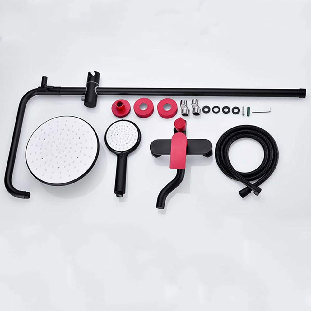 CHLDDHC Black and Red Rain Mixer Shower Set with Round Shower Head, Hand Shower & Tub Faucet - Modern Bathroom Fixture for Spa-Like Shower Experience